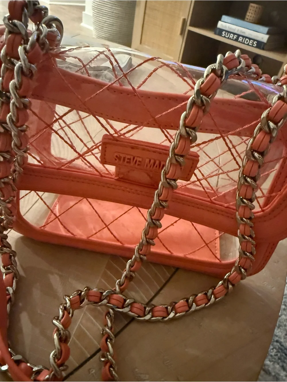Steve Madden Coral Clear Quilted Crossbody Bag with Silver Chain